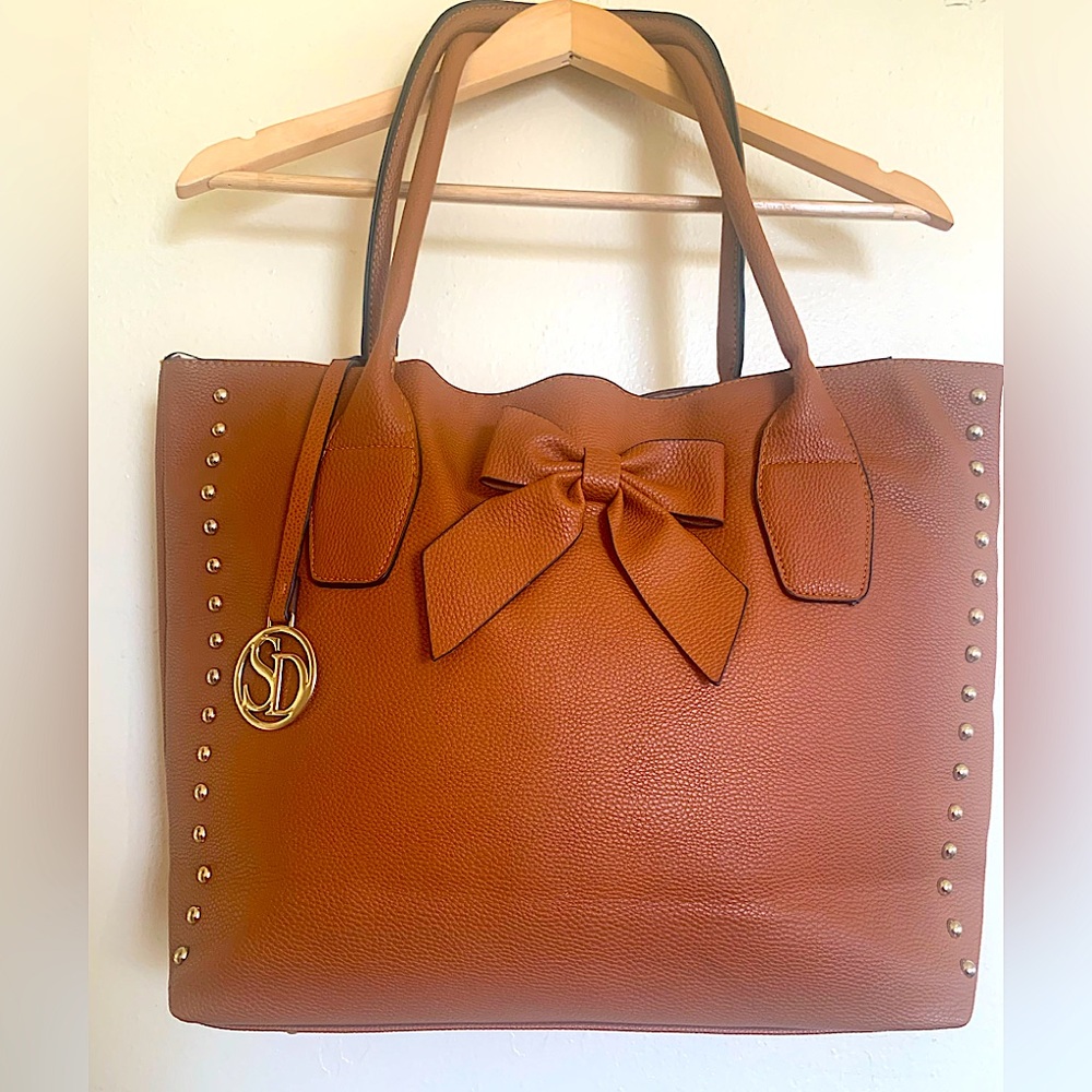 SD COLLECTION Faux Leather Pebble Grain Bow Tie Tote-Rust Brown
